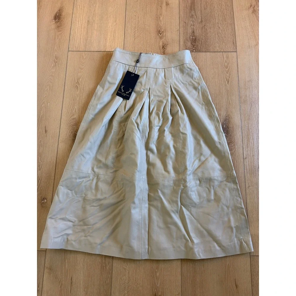 Bod & Christensen size 2 Leather Midi Skirt  Beige High Waist Pleated BLF22410